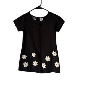 Vintage Girls On The Go Black Mod Dress Sz 7 Daisy Appliqué 60s Style